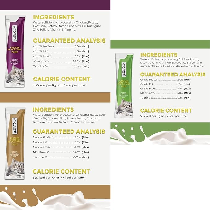 Fussie Cat Premium Puree Lickable Cat Treats in Goat Milk, Chicken Variety Pack, 3 Packs of 4-0.5oz Tubes (12 Total Tubes) + Lid