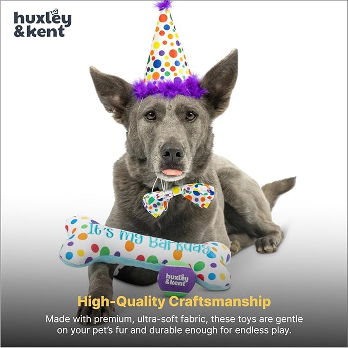 Huxley & Kent Celebration Box for Dogs - Fun Gift Kit with Plush Squeaky Toys, Party Hat, Bow Tie & Banner - Birthday, Gotcha Day & Special Occasion Dog Kit - Happy Barkday Box, Large