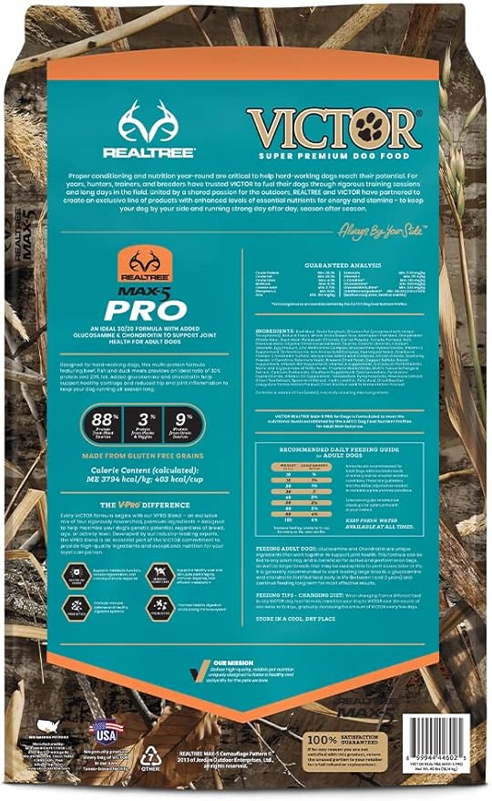 VICTOR Super Premium Dog Food – Realtree MAX-5 PRO High Protein Dry Kibble – Promotes Joint Health with Glucosamine – 30% Protein, Gluten Free for Active & Sporting Adult Dogs, 40lb
