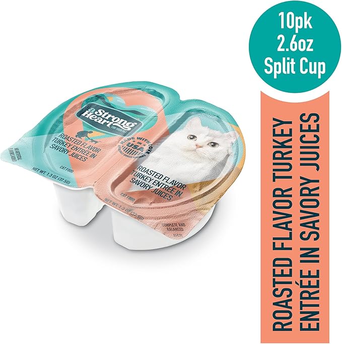 A Strong Heart Split Cup Wet Cat Food, Roasted Turkey Entree - 2.6 oz Split Cups, 20 Servings (Pack of 10), Made in The USA with Real Turkey