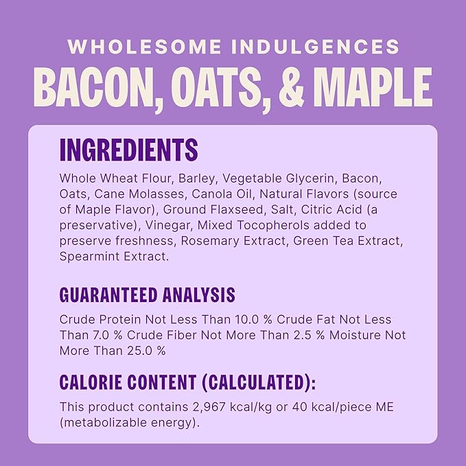 Wellness Old Mother Hubbard Wholesome Indulgences Soft-Baked Dog Biscuits, Natural Treats, Bacon, Oats, and Maple Flavor, 10 oz Bag