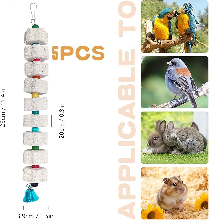 5 Pcs Large Beak Grinding Calcium Stone Bird Chewing Toy with Bells, Pet Cage Accessories for African Grey Parrot Cockatiel Parakeet Chicken Rat Hamster Rabbit Chinchilla