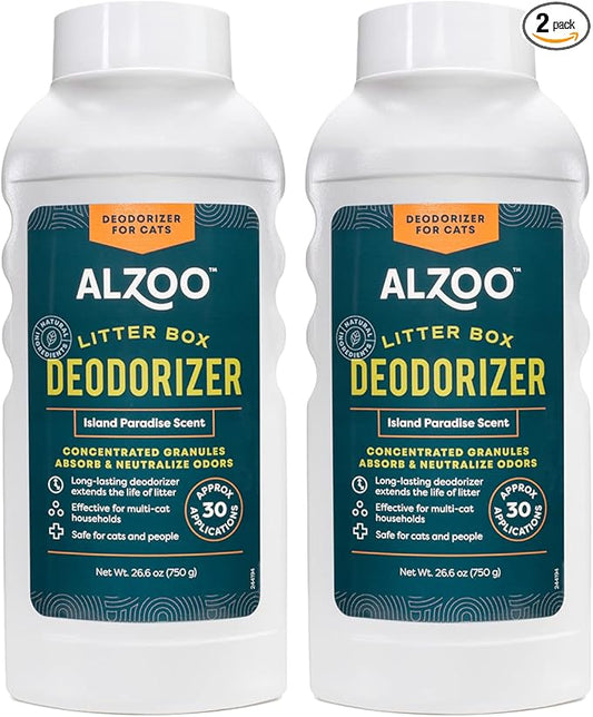 ALZOO Cat Litter Deodorizer, Concentrated Granules Absorb & Help Neutralize Odors, 100% Plant-Based Active Ingredients, Up To 30 Uses, Island Paradise Scent, 26.6 Oz., Pack of 2