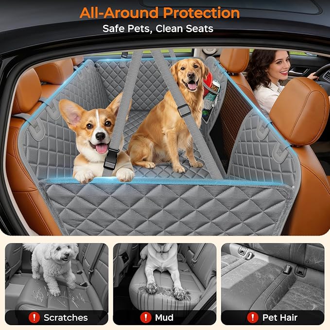 URPOWER Backseat Extender for Dogs - Hard Bottom Dog Car Seat Cover for Back Seat, Dog Hammock for Car and SUV, Pet Rear Seat Protector Dogs Travel Bed with Mesh Window & Side Flaps