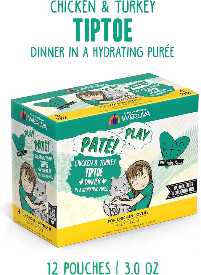 B.F.F. PLAY - Best Feline Friend Paté Lovers, Aw Yeah!, Chicken & Turkey Tiptoe with Chicken & Turkey, 3oz Pouch (Pack of 12)
