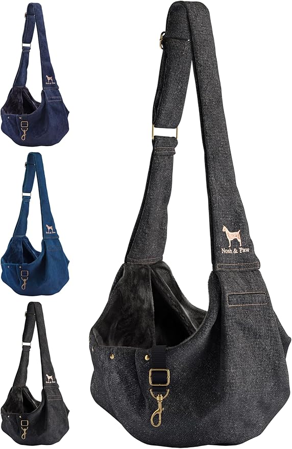 Noah & Paw Dog Sling Carrier for Small Dogs 5-18lb, Dog Sling for Small Dogs and Cats, Dog Carrier with Adjustable Padded Strap, Premium Denim, Lined with Fur, Double Safety Feature, Machine Washable
