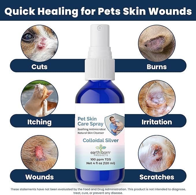 Earthborn Colloidal Silver Spray for Dogs & Cats, Natural Skin Wound Spray for Pets - Soothing Relief for Hot Spots, Burns, Rashes, Cuts, Scratches & Irritations, 4 oz Bottle