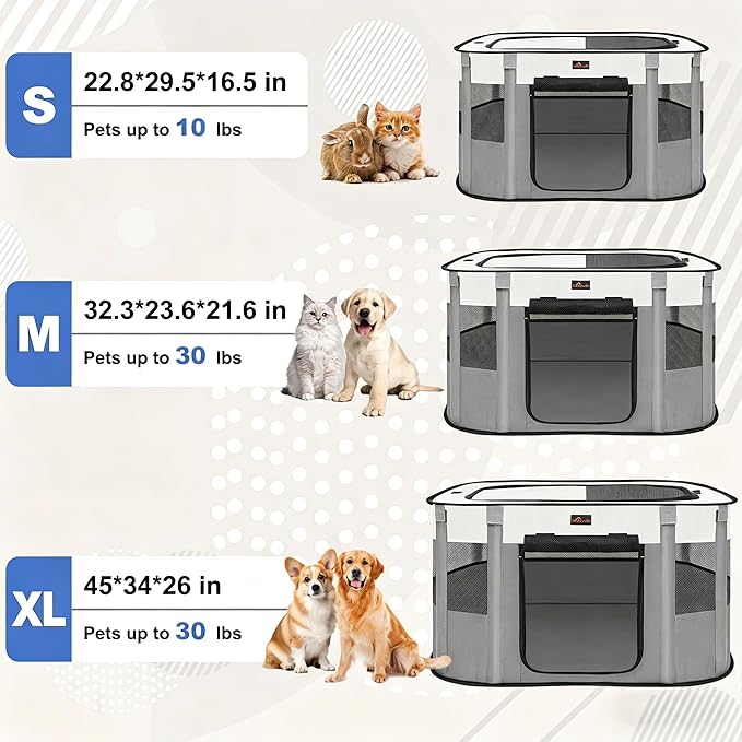 Dog Playpen, Pet Playpen, Foldable Kitten cage Puppy Play Pen, Portable Dog Kennel Tent Crate, Indoor Outdoor Travel Camping Use for Small Animals with Carrying Case (Grey S)