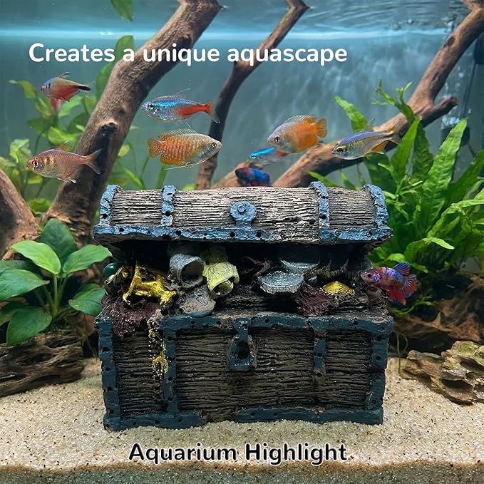 Mipukbay Treasure Chest Fish Tank Decorations, Funny Aquarium Decor Ornament for Small Aquarium and Fish Tank, Safe Landscape Rock Cave for Betta Fish, Goldfish and Aquatic Pets