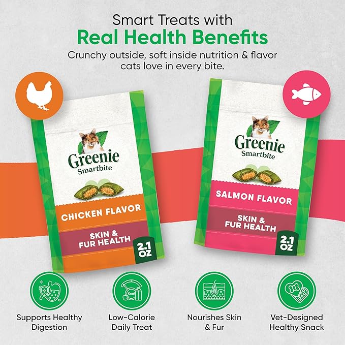 Salmon Cat Treats for Skin & Fur Health, Pack of 2 Chicken & Salmon Flavor Crunchy and Soft Cat Treats (2.1 oz Each) with Microfiber Cleaning Cloth