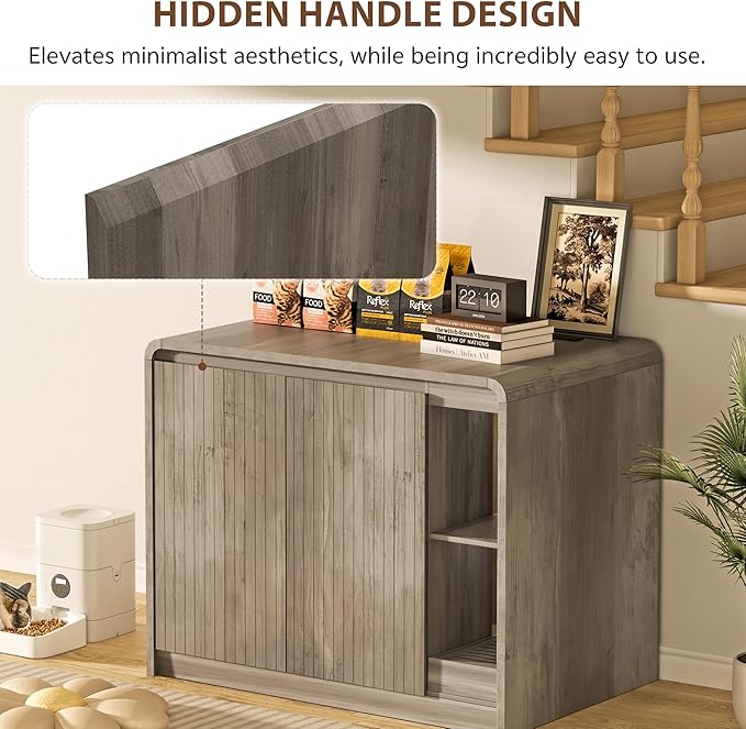 Cat Litter Box Enclosure for Automatic Litter Box, Litter Box Enclosure with Litter Collector and Power Outlet, Large Cat House with Adjustable Shelf for Dog Proof, Side Table, Grey