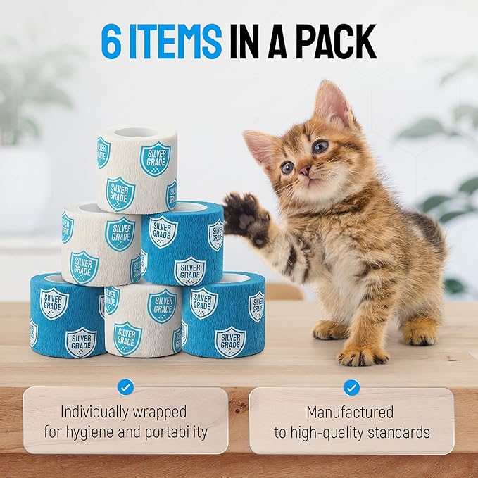 SILVER GRADE Vet Wrap for Dogs, Cats, Horses – 6 Elastic Self-Adhesive Bandages to Protect from Licking – Dog Bandage for Wounds – Natural Rubber Latex Wrap for All Breeds – 2-inch Rolls