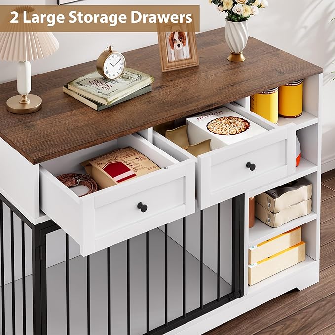 GarveeHome Dog Crate Furniture 47", Large Dog Crate TV Stand with 2 Drawers and 4 Shelves, Wooden Dog Kennel Indoor, Decorative Dog Cage with Storage for Large Dogs, White