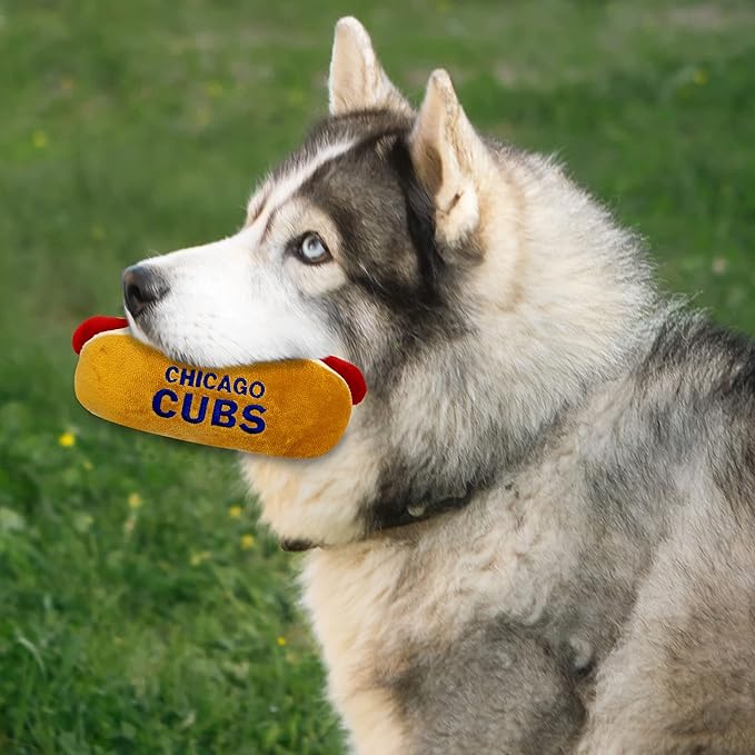 MLB Chicago Cubs Plush Dog Toys - Stadium Theme Snacks - Cutest Plush HOT-Dog Toy for Dogs & Cats with Inner Squeaker & Premium Embroidery of Baseball Team Name/Logo