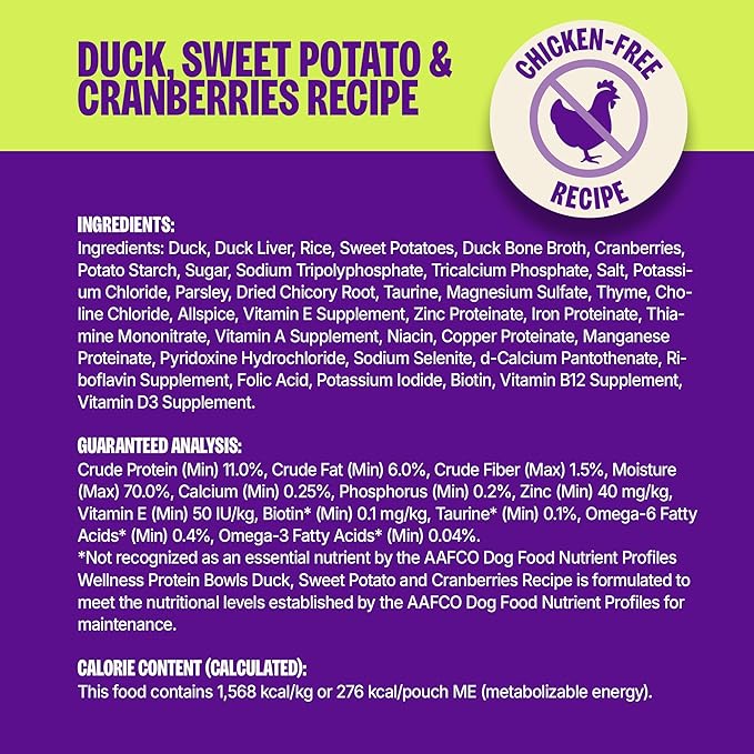 Wellness Protein Bowls, Adult Wet Dog Food, Wholesome Grains, 6.2 Ounce Pouch, 6 Pack, (Duck, Sweet Potato & Cranberries Recipe)