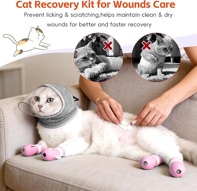 Adjustable Cat Muzzle for Grooming & Biting Prevention, Upgrade Kitten Head Cover,Breathable Anti-Bite Cat Mask with 4 Anti-Scratch Gloves Boots Silicone Shoes for Nail Trim Bath Vet Visit (Grey, S)