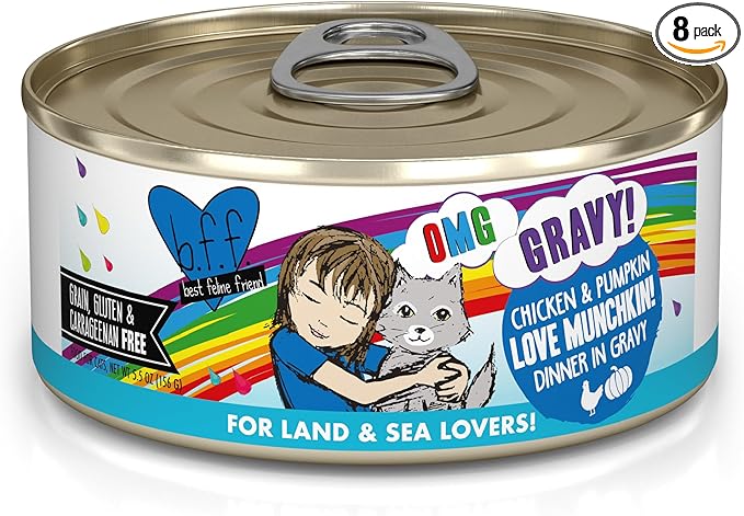 Weruva B.F.F. OMG - Best Feline Friend Oh My Gravy!, Love Munchkin! with Chicken & Pumpkin in Gravy Cat Food, 5.5oz Can (Pack of 8)