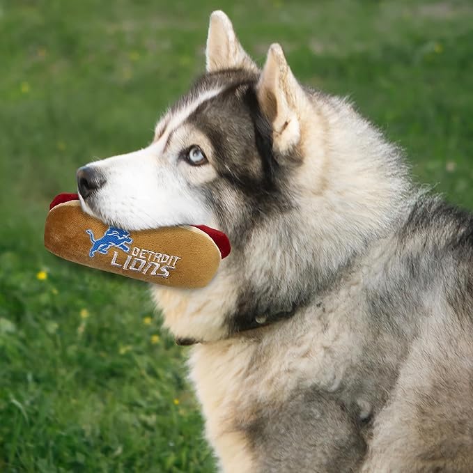 Pets First NFL Detroit Lions HOT Dog Plush Dog & CAT Squeak Toy - Cutest HOT-Dog Snack Plush Toy for Dogs & Cats with Inner Squeaker & Beautiful Football Team Name/Logo, 8 x 5 x 3 Inches