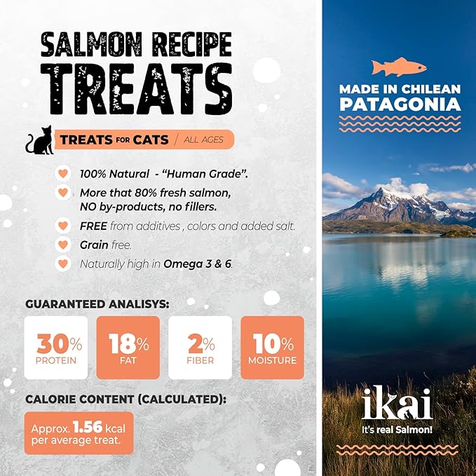 IKAI - Patagonian Salmon Flakes Cat Treats - 100% Natural Treats - Hypoallergenic, with Omega 3 & 6 for Healthy Skin & Glossy Coat, Oven-Baked, Grain-Free, No Added Salt - 3 Oz 12 Pack