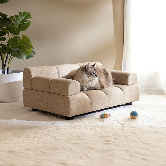 Paws & Purrs Puffer Pet Sofa Bed, Dog or Cat Couch with Tufted Cushion and Armrest, Stylish Indoor Pet Furniture, Sand
