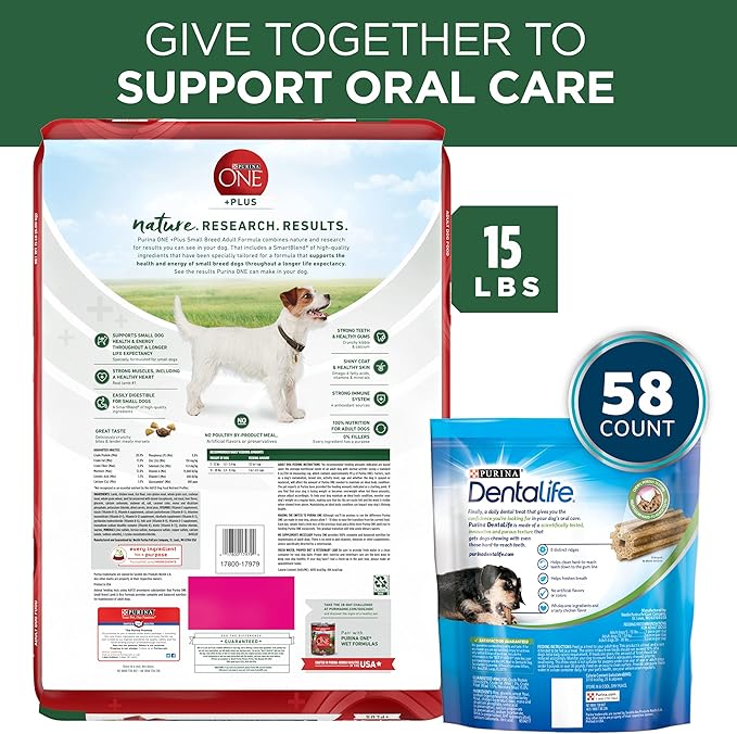 Purina Bundle Pack Small Breed Dog Food and Treats, ONE +Plus Lamb and Rice Formula with DentaLife Daily Oral Care