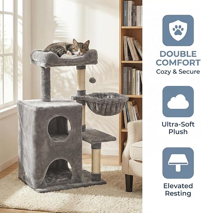 Fansafurn Cat Tree Tower for Indoor Cats, 36-inch Adult Cat Tree House for Large Adult Cats with Steps, Scratching Post, 2 Cat Condo, Dangling Toys, Light Grey
