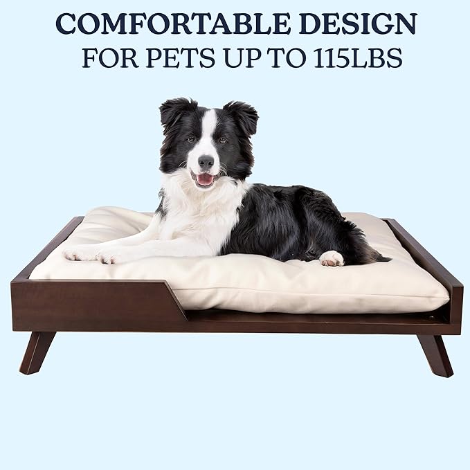 Elevated Dog Bed - 36” x 29.5” Indoor Pet Bed with Frame and Soft Cushion - Mid-Century Modern Wood Dog Bed for Medium to Large Pets by PETMAKER (Dark Brown)