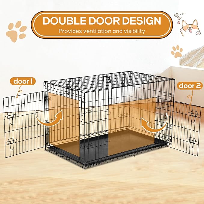 Dog Crate, 47 Inch Extra Large Wire Kennel with Divider Panel, Metal Cages with Double Door, Leak-Proof Pan Tray, Folding Portable for Indoor Outdoor Travel