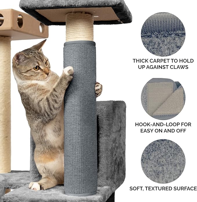 Furhaven Wrap Around Scratching Post Cover for Indoor Cats, Fits Posts Up to 3.5" Diameter, Durable & Less Mess - Tiger Tough Carpet Scratch Mat - Gray, Extra Large/XL (Pack of 3)