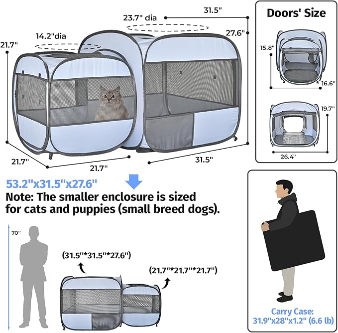 EighteenTek® 2-in-1 Portable Cat Playpen(End Doors), Pop up Kitten Playpen, Assembly-Free, Pet Tent Crates Kennel Cage Enclosure for Dog Puppy Indoor Outdoor(No Divider, Unified Space)