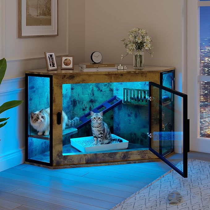48" Corner Cat Litter Box Enclosure, Modern Hidden Cat Cabinet with Acrylic Door, LED Light & Playground, Multi-Level Cats House with Stairs, Corner Furniture for Small Apartments, Brown