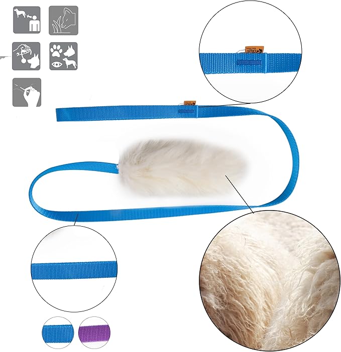 Dingo Natural tug Toy for Dog, Sheepskin Toy, Sheep Leather, Long Toy, for Chasing Motivation Reward Agility, Long Handle, Blue 15583