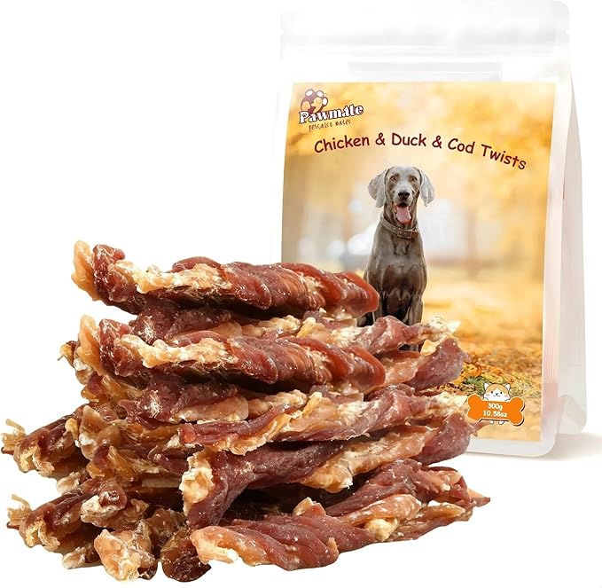 Pawmate Dog Jerky Treats Triple Flavor Chicken Duck Wrapped Cod Twisted Sticks 5'', Rawhide Free Grain Free Dog Training Snacks Chews for Small Medium Large Dogs, 10.6 oz