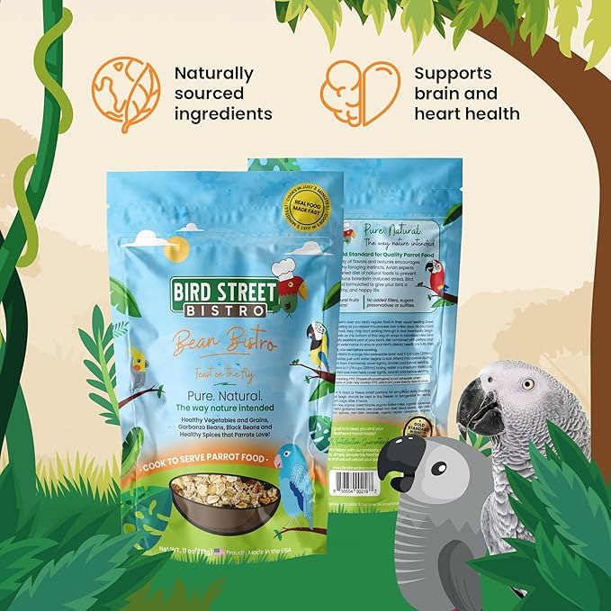 Bird Street Bistro Parrot Food - Parakeet & Cockatiel Food - Cooks in 3-15 min w/Natural Whole Grains, Legumes, Non-GMO Fruits, Vegetables & Health-Oriented Spices