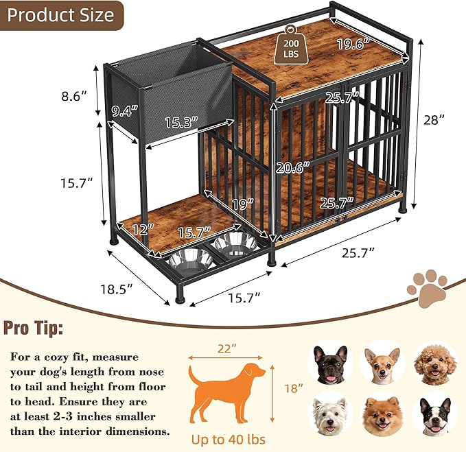 AFLUI 41.4'' Dog Crate Furniture with Built-in Feeding Station and Storage Bag, Wooden Dog Kennel Indoor End Table with Double Front Doors for Small/Medium Dogs, Rustic Brown