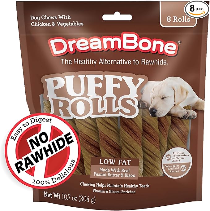 DreamBone Puffy Rolls Chews for Dogs, 8 Count, Treat Your Dog to Easy-to-Digest Rawhide-Free Chews Made with Real Peanut Butter and Bison