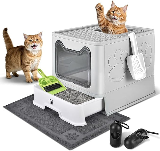 Cat Litter Box with Litter Mat, Foldable Extra Large Free in and Out/One-Way with Lid, Drawer Type Enclosed Kitty Litter Box,Odor Control Anti-Splashing Easy Cleaning (Pale Grey)
