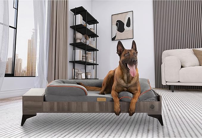 Wooden Dog Bed with Mattress, Large to Extra Large Water-Resistant Elevated Pet Bed, Wooden Pet Bed with Storage, Greenguard Gold Certified, Machine Washable, Smokey Grey, Wyatt - TailZzz