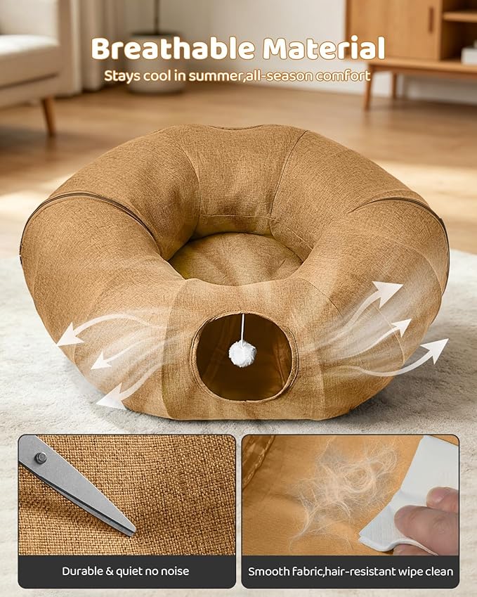 Linen Cat Tunnels with Central Cat Bed, Interactive Cat Toys Detachable Washable Soft Mat Large Indoor Play Tunnel Cave for Kittens and Small Animals