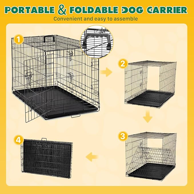 Dog Crate - Medium 36 Inch Double Door Portable Dog Cage, Metal Wire Pet Kennel with Secure Lock, Leak-Proof Pan Tray, Foldable Design for Dogs Pets Indoor Training and Outdoor Trave