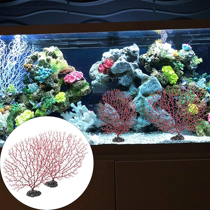 POPETPOP Aquarium Decor Simulated Sea Fan Coral Branches Medium Size 9.05X7.87X1.81In Artificial Fish Tank Plants 2 Pieces Natural Shelter for Aquatic Pets
