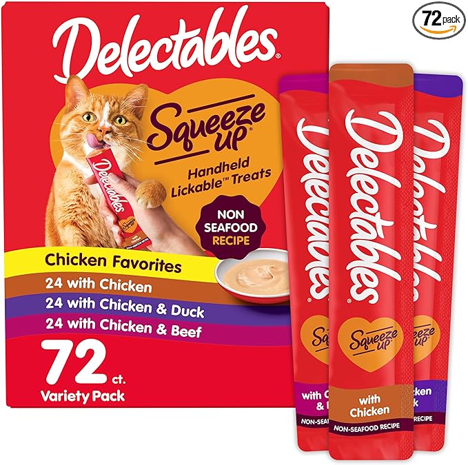 Delectables Squeeze Up Non-Seafood Variety Pack, Creamy Squeezable Puree, Lickable Wet Cat Treats, Grain Free, No Added Fillers, No By-Products, No Added Preservatives, 0.5 Ounces Tube, 72 Tubes Total