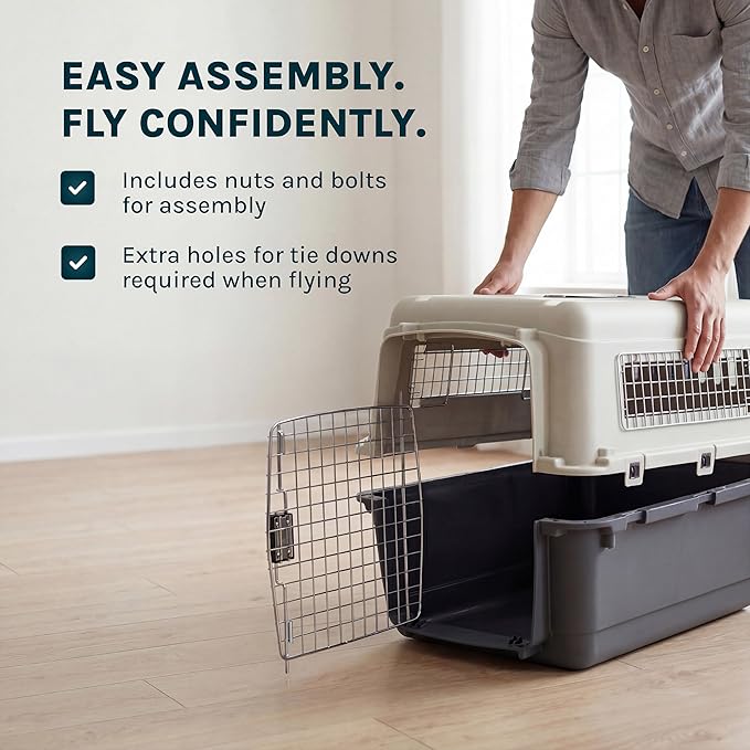 SportPet Airline Compliant X-LARGE 35.5" Travel Dog Kennel-Durable Plastic Airline Pet Carrier w/Removable Wheels & Food Bowls, Collapsible Indoor/Outdoor Dog Kennel, Dogs up to 32"L & 23"H-Dark Gray