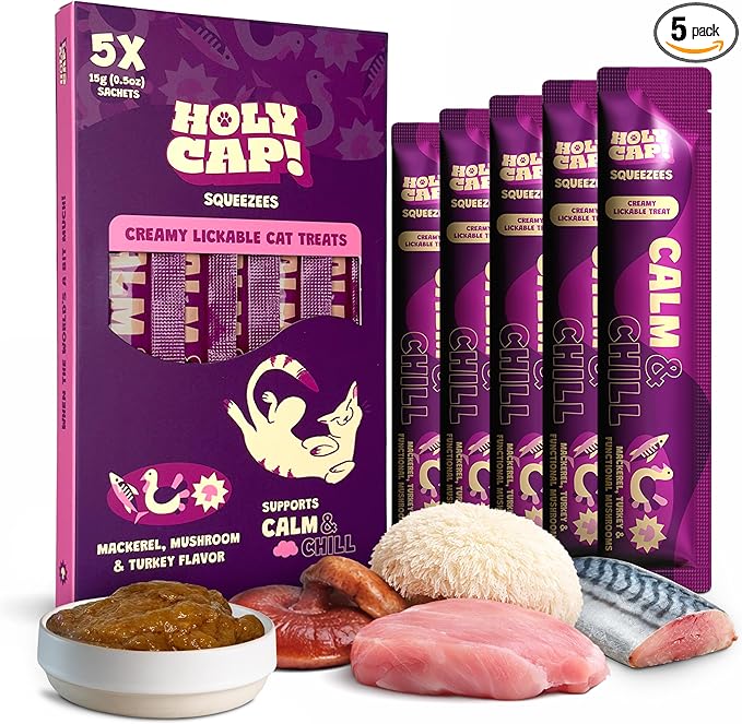 Calm & Chill Grain-Free Lickable Cat Treats, 5 Squeezable Purée Tubes (0.5 oz Each), Mackerel & Turkey Flavor, Creamy Cat Purée with Clean Ingredients, Hand-Fed Treat or Meal Topper