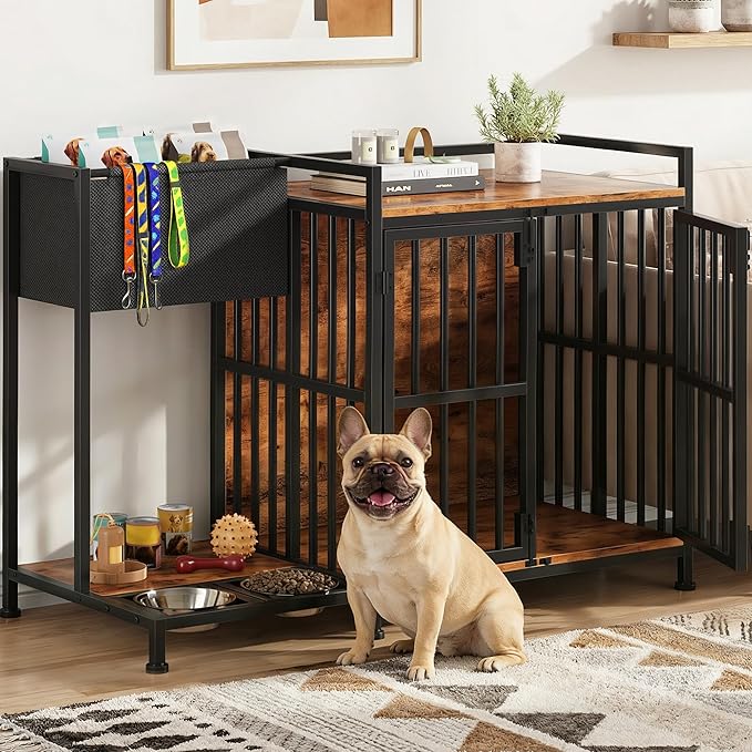 AFLUI 41.4'' Dog Crate Furniture with Built-in Feeding Station and Storage Bag, Wooden Dog Kennel Indoor End Table with Double Front Doors for Small/Medium Dogs, Rustic Brown