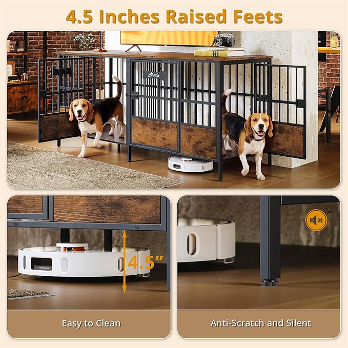 IRONCK 67" Dog Crate Furniture for 1 or 2 Dogs – Heavy Duty Dog Kennel with Adjustable Divider, Double Dog Cage as TV Stand, Rustic Brown