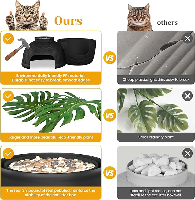 FansaFurn Large Cat Litter Box, Hidden Litter Box with Faux Plant, Heavy Duty Litterbox Enclosure Furniture with Rattan Pattern, PP Cat Box Enclosure Furniture for Living Room, Bedroom, Black