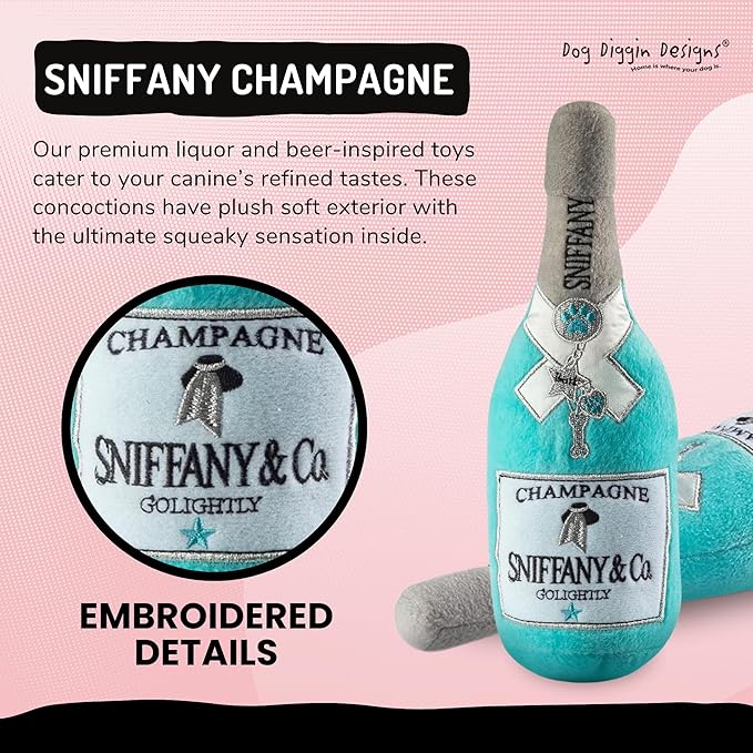 Dog Diggin Designs Sniffany & Co Champagne Plush Dog Toy | Luxury-Inspired Parody Bottle with Built-in Squeaker, Soft Plush Party Dog Toy – Shaken, Not Stirred!