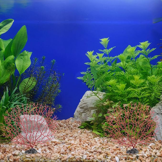 POPETPOP Aquarium Decor Simulated Sea Fan Coral Branches Medium Size 9.05X7.87X1.81In Artificial Fish Tank Plants 2 Pieces Natural Shelter for Aquatic Pets