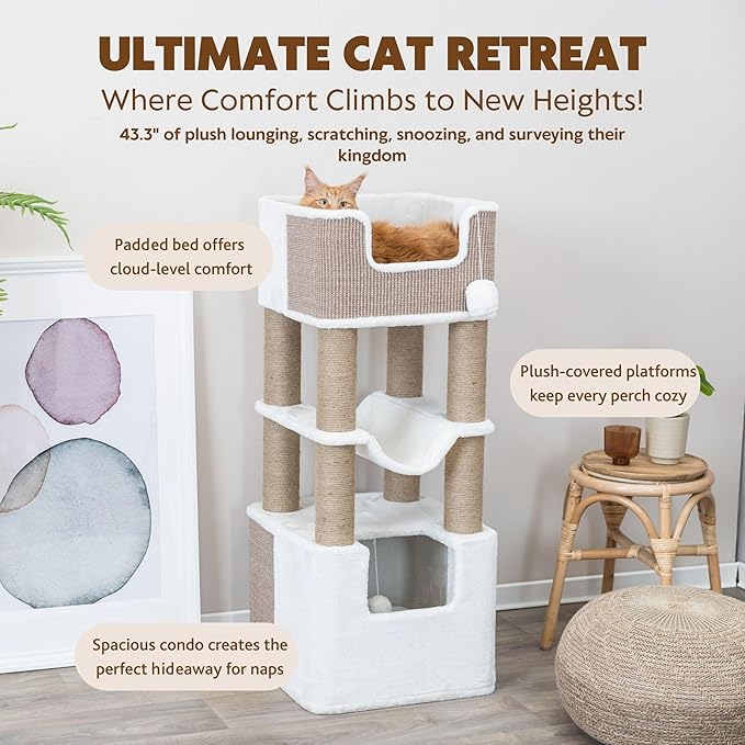 Trixie Lucano 43.3-in XXL Cat Tree, Indoor Cat Furniture with Jute Scratching Posts, Sisal and Plush Covered Condo, Dangling Interactive Toys, Brown